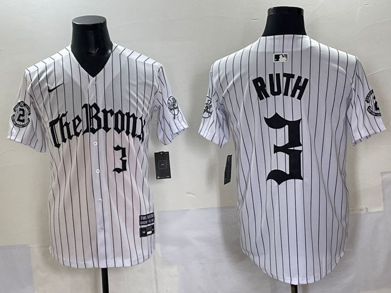 Men 2025 New York Yankees #3 Ruth White Stripe Five generations Joint Name Nike MLB Jersey style 04